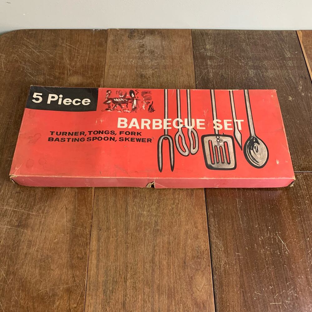 Vintage 1970s five (5) piece metal wooden handle leather loop BBQ Set‎ UNUSED